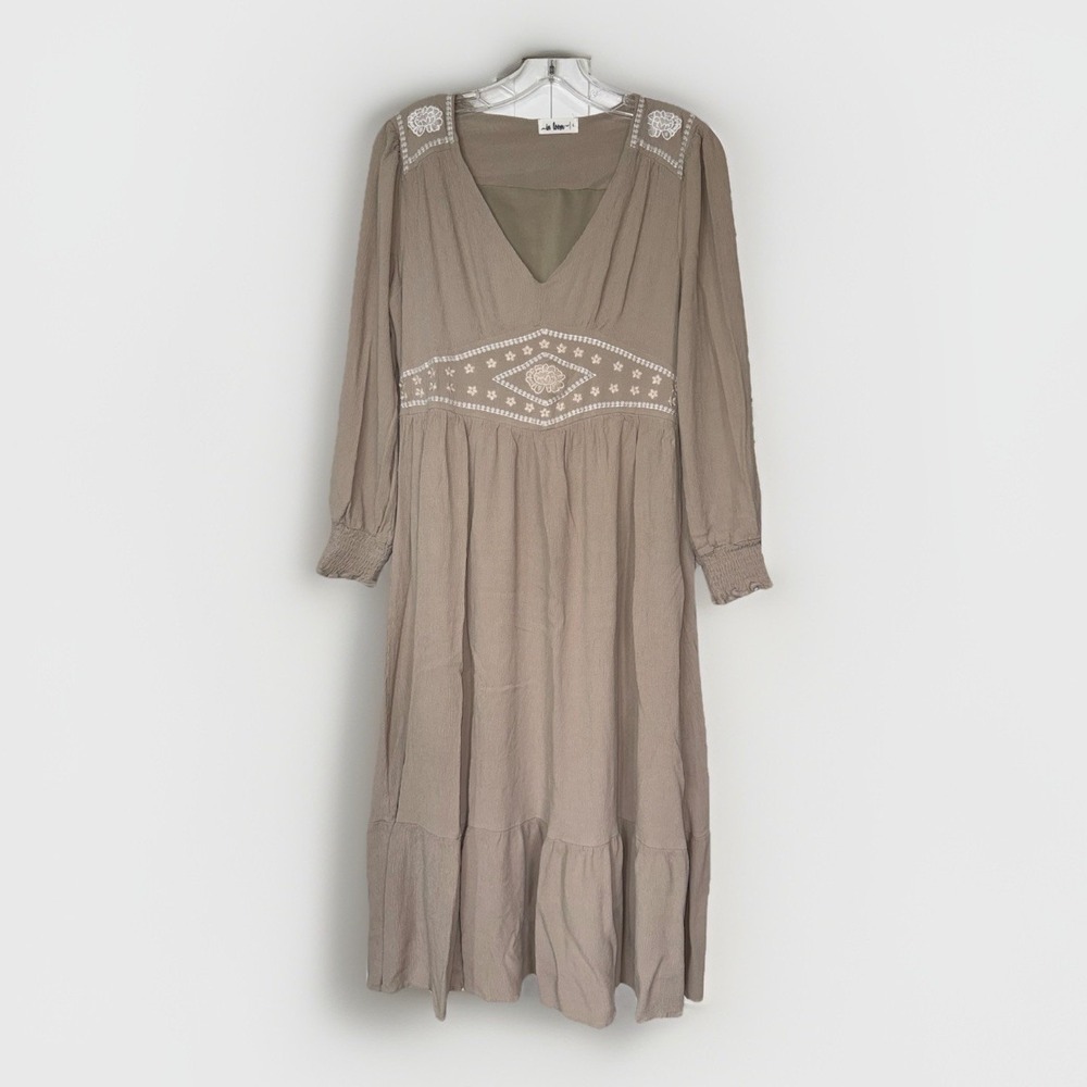 In Loom Embroidered Boho Prairie Midi Dress Taupe Womens L Long Sleeve Cottage